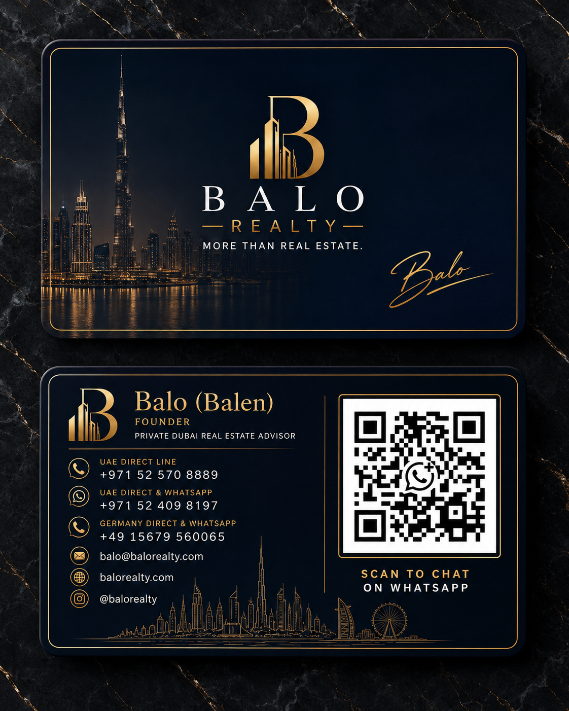 Originale BALO REALTY Visitenkarte mit Kontaktdaten und WhatsApp QR-Code